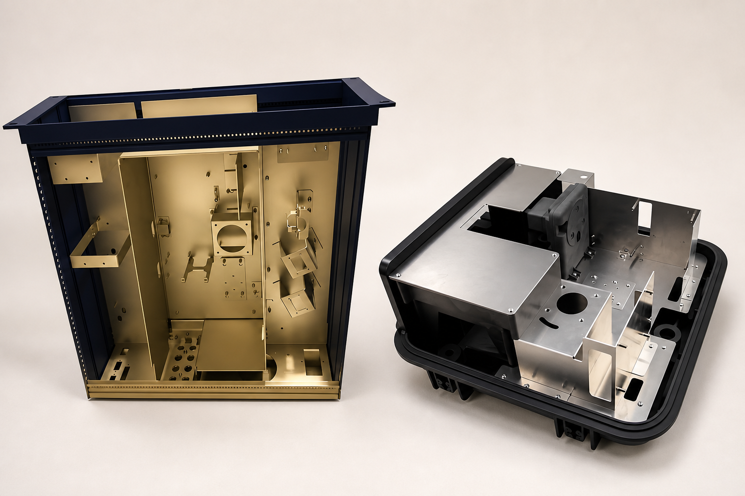 Two separate sheet-metal enclosure interiors shown for a DFM review